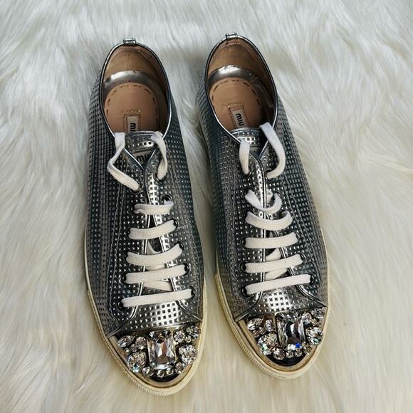 Miu Miu Silver Perforated Leather Crystal Toe Cap Sneakers - Picture 4 of 12